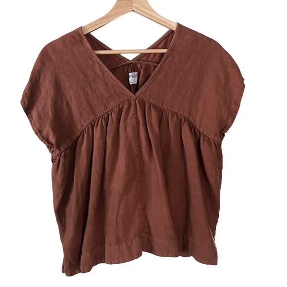 Esby Poe Top 100% Linen Size XS Rust V Neck Blouse Flowy Drapey Short Sleeve - Picture 2 of 8